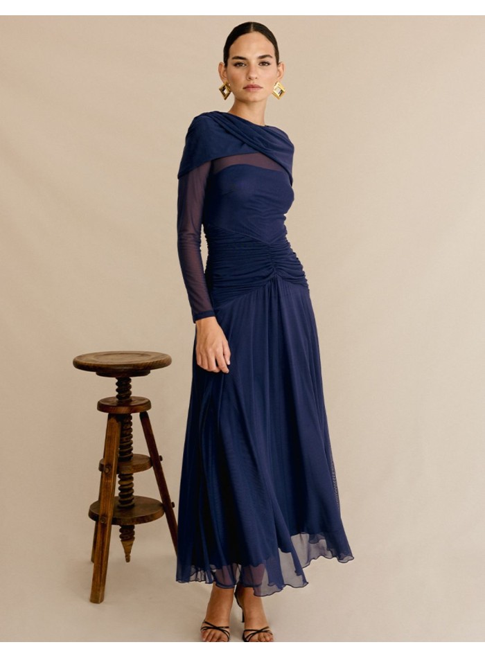 Vestido de fiesta midi en punto drapeado con falda vaporosa para ocasiones especiales