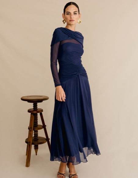 Vestido de fiesta midi en punto drapeado con falda vaporosa para ocasiones especiales