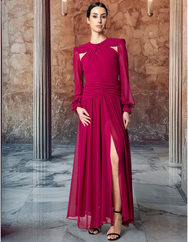 Long chiffon dress with puffed sleeves and side cut-outs