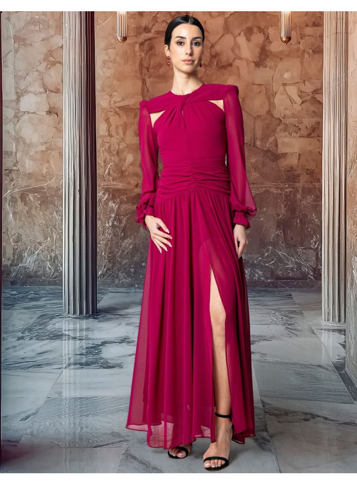 Long chiffon dress with puffed sleeves and side...