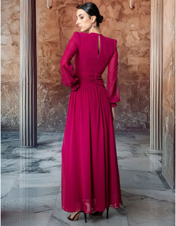 Long chiffon dress with puffed sleeves and side cut-outs 2