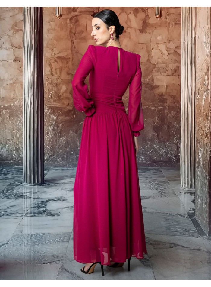 Vestido largo de gasa con manga abullonada y cut-outs laterales para eventos