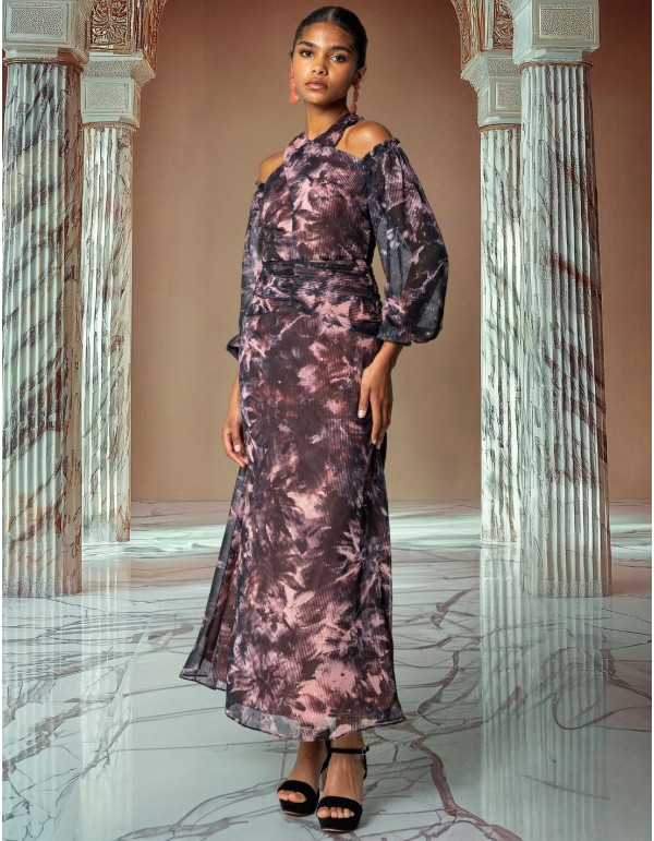 Floral chiffon midi dress with halter neckline and bare...