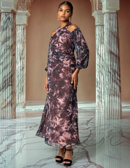 Robe midi en mousseline de soie florale avec encolure dos nu et épaules dénudées