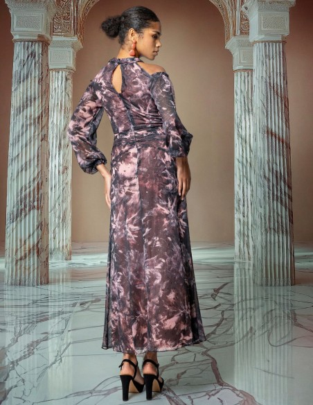 Robe midi en mousseline de soie florale avec encolure dos nu et épaules dénudées