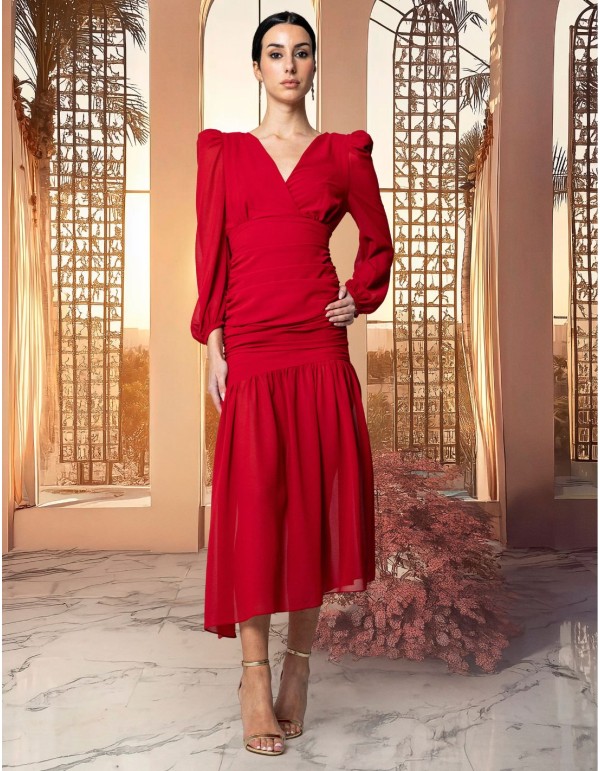 Robe midi en mousseline de soie drapée avec encolure...