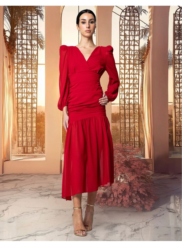 Draped chiffon midi dress with crossover...