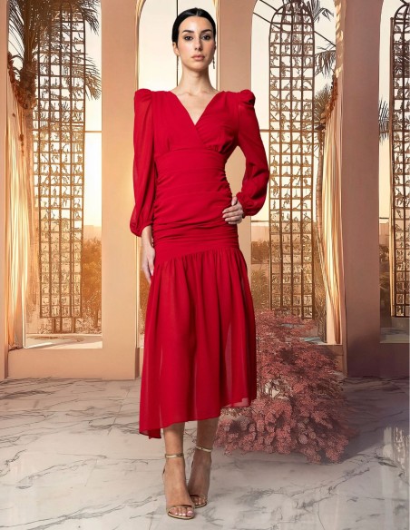 Robe midi en mousseline de soie drapée avec encolure croisée et manches bouffantes