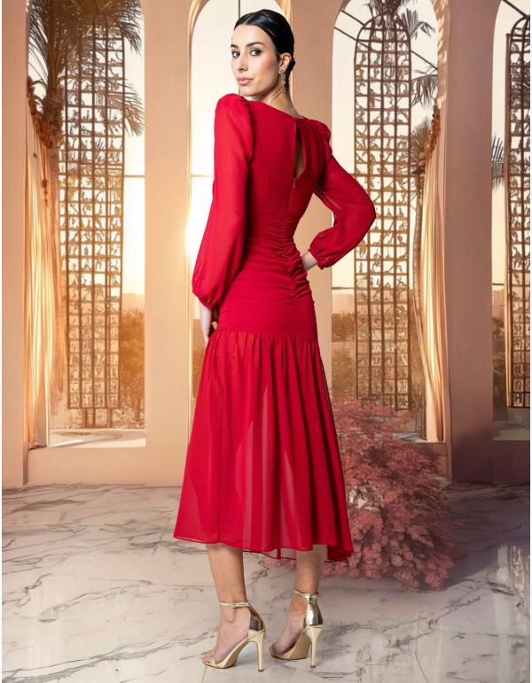 Vestido midi de gasa drapeado con escote cruzado y manga abullonada 2