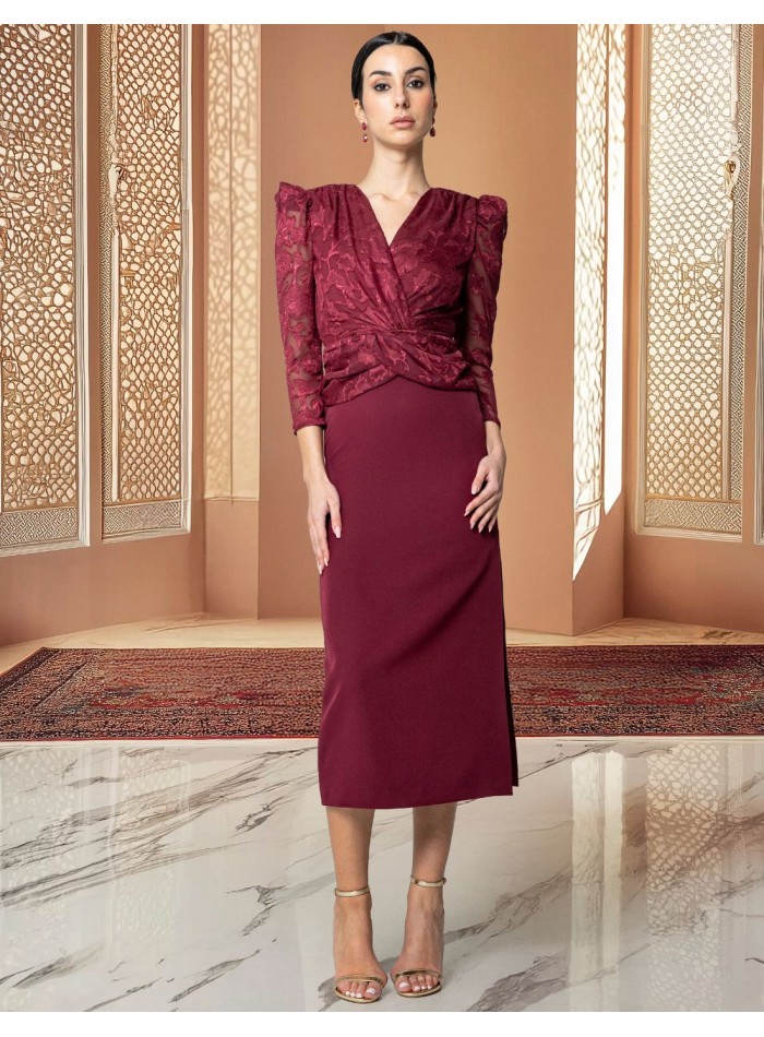 Vestido cóctel de gasa estampada con escote cruzado y manga abullonada