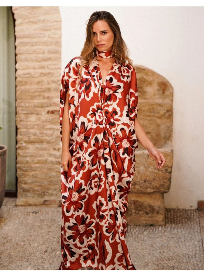 Caftan imprimé fleurs avec décolleté en V