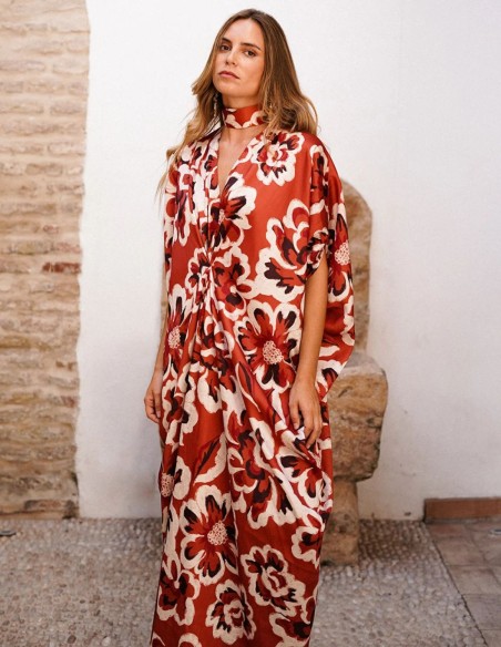 Caftan imprimé fleurs avec décolleté en V