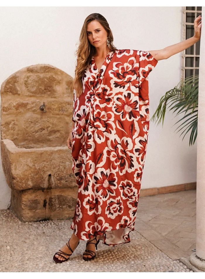 Caftan imprimé fleurs avec décolleté en V