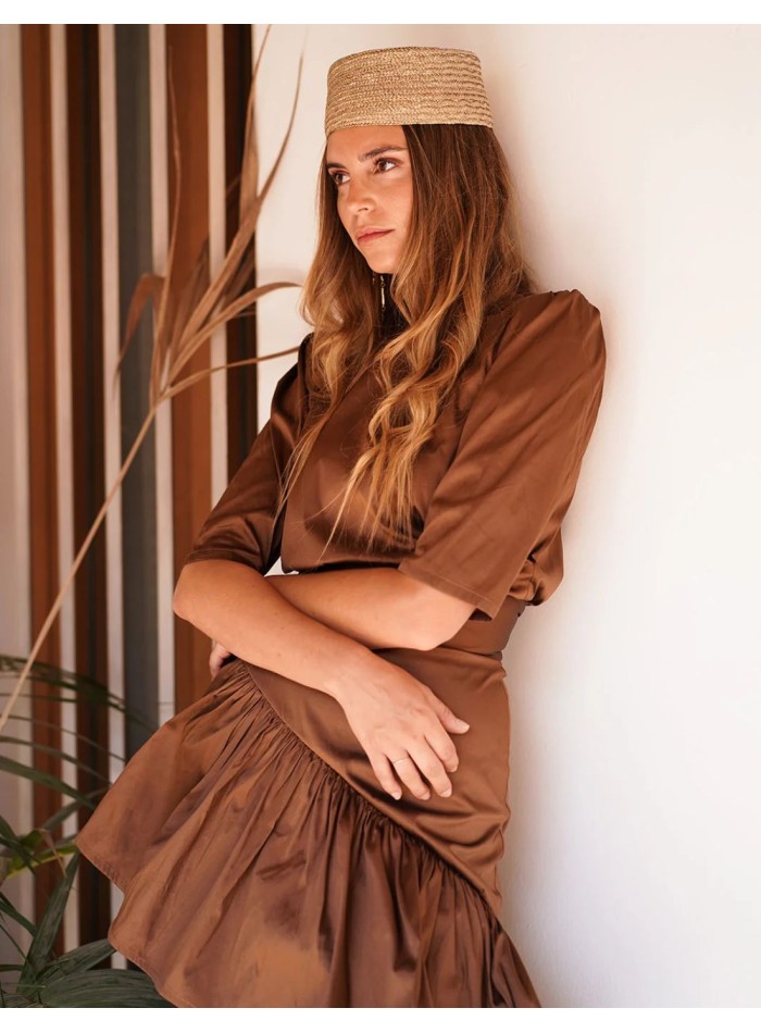 Brown taffeta guest top with French sleeves