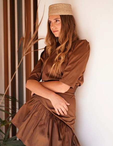 Brown taffeta guest top with French sleeves