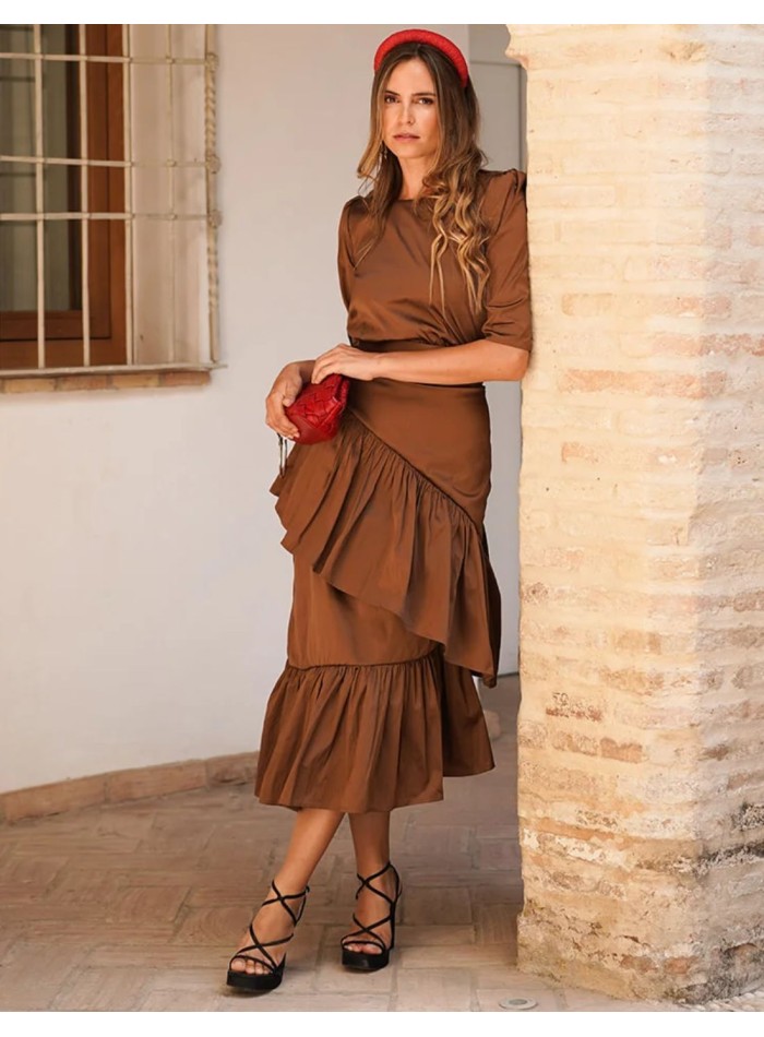 Brown taffeta midi skirt with asymmetrical ruffles