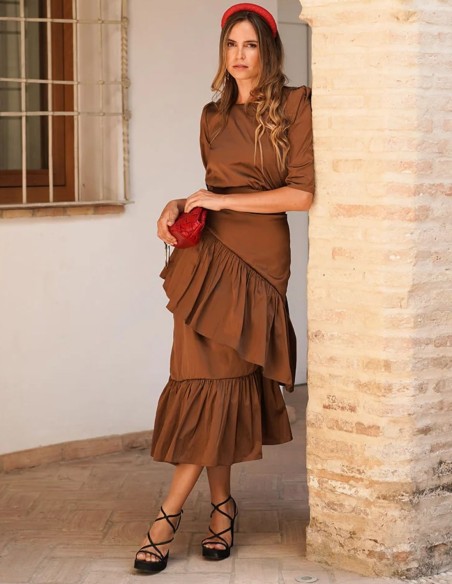Brown taffeta midi skirt with asymmetrical ruffles