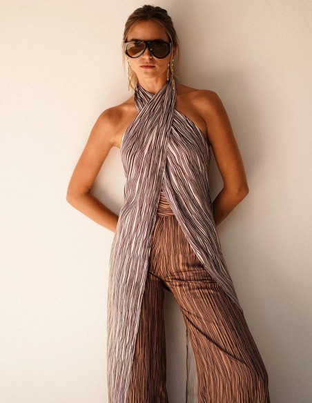 Top largo con rayas en color crudo