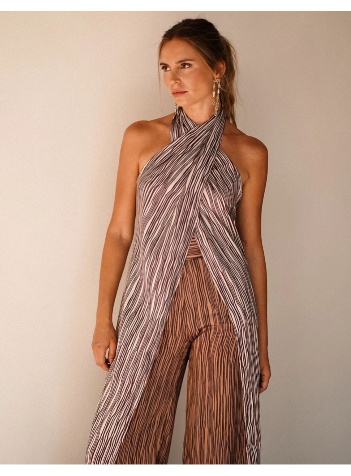 Top largo con rayas en color crudo