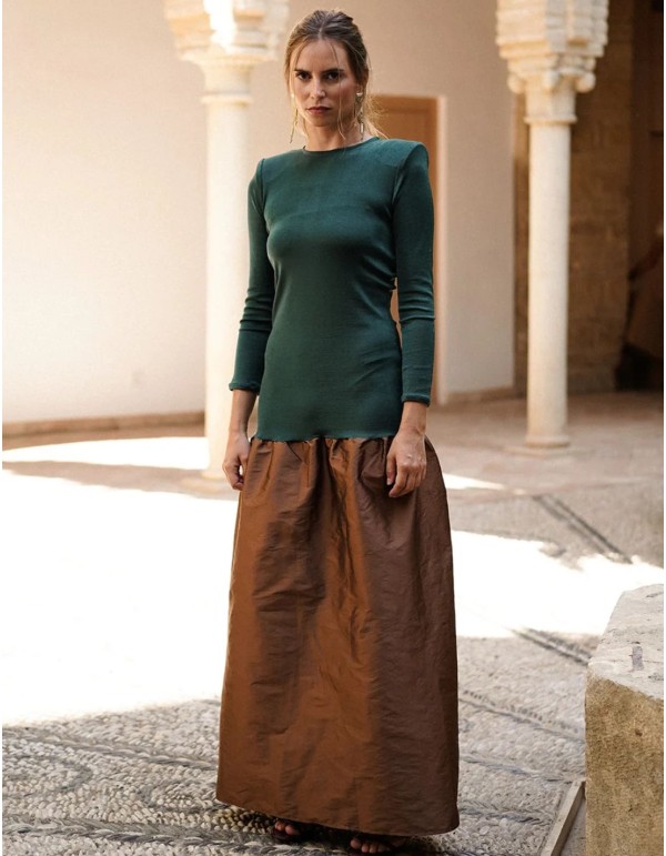 Bottle green knit and brown taffeta long guest dress