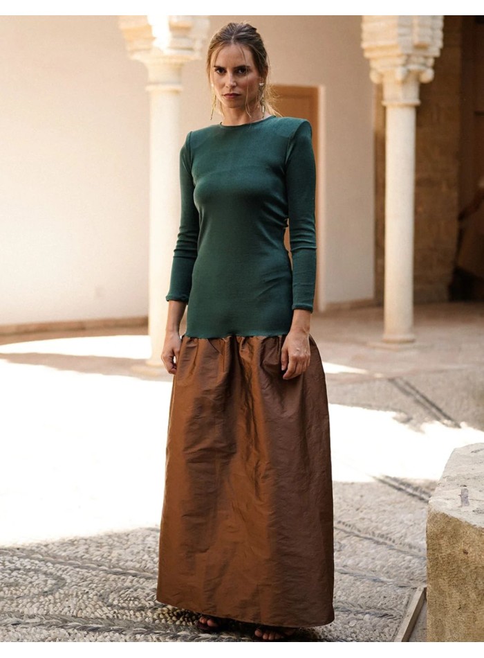 Bottle green knit and brown taffeta long guest...