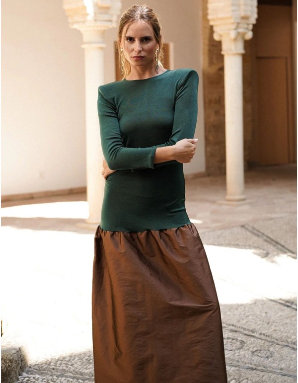 Robe d'invité longue en tricot vert bouteille et taffetas... 2