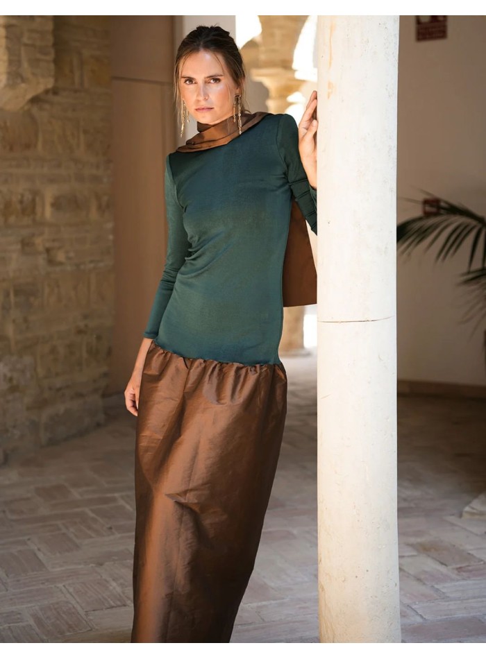 Bottle green knit and brown taffeta long guest...