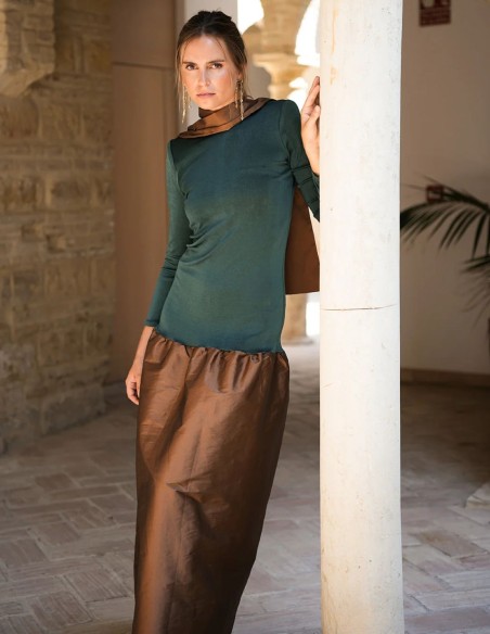 Bottle green knit and brown taffeta long guest dress