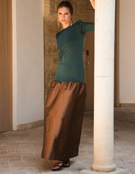 Bottle green knit and brown taffeta long guest dress