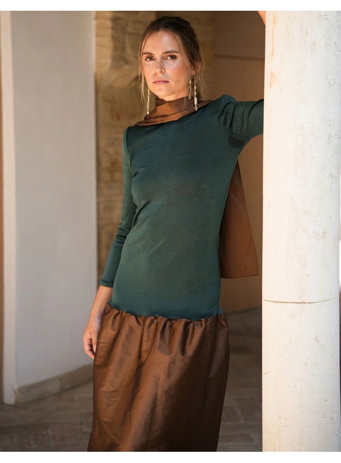 Bottle green knit and brown taffeta long guest...