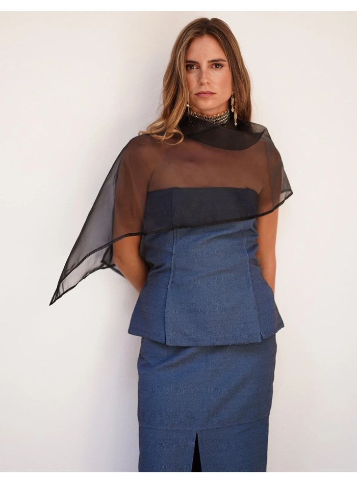 Blue strapless guest top