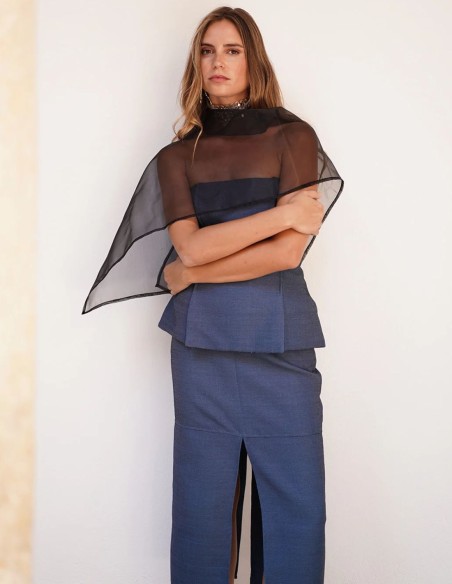 Blue midi skirt with front slit