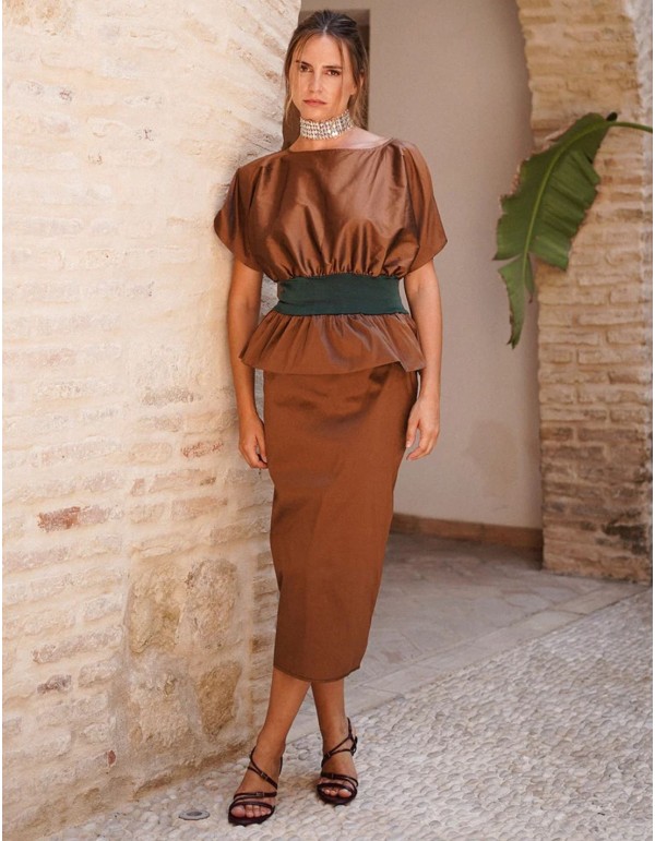 Jupe midi droite en taffetas marron