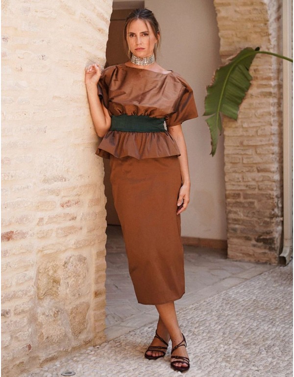 Brown taffeta straight midi skirt 2
