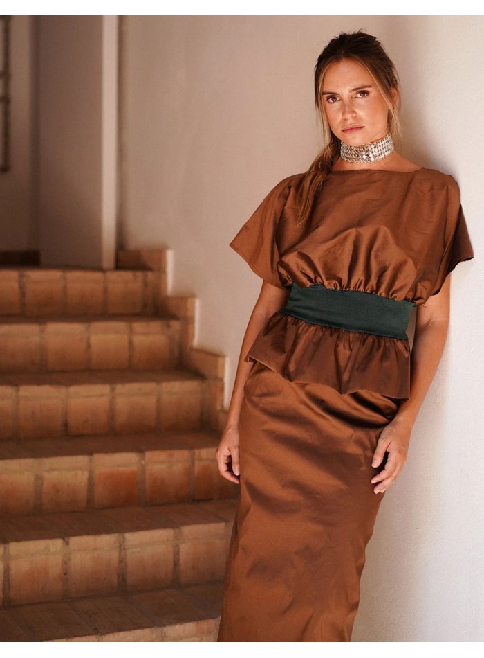 Jupe midi droite en taffetas marron