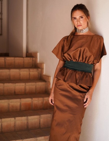 Brown taffeta straight midi skirt
