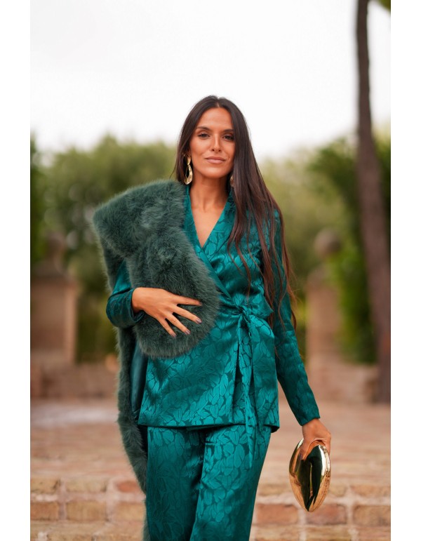 Crossover jacket and straight pants with sash set 2