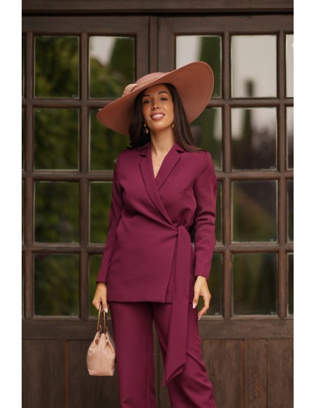 Set of crossover jacket with bow and straight pants with sash