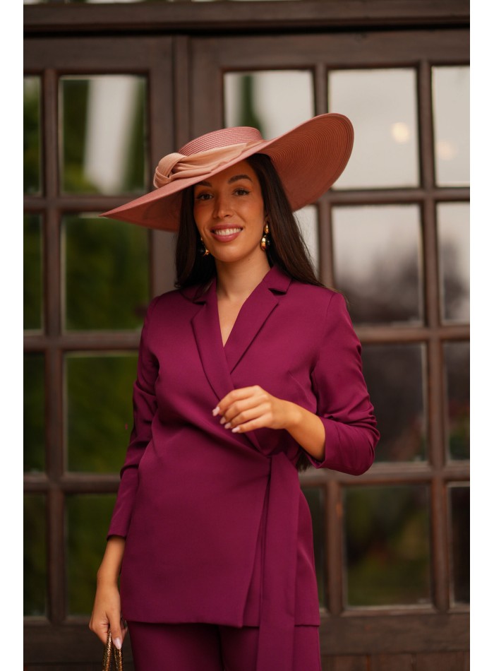 Conjunto de chaqueta cruzada con lazada y pantalón recto con fajín para eventos