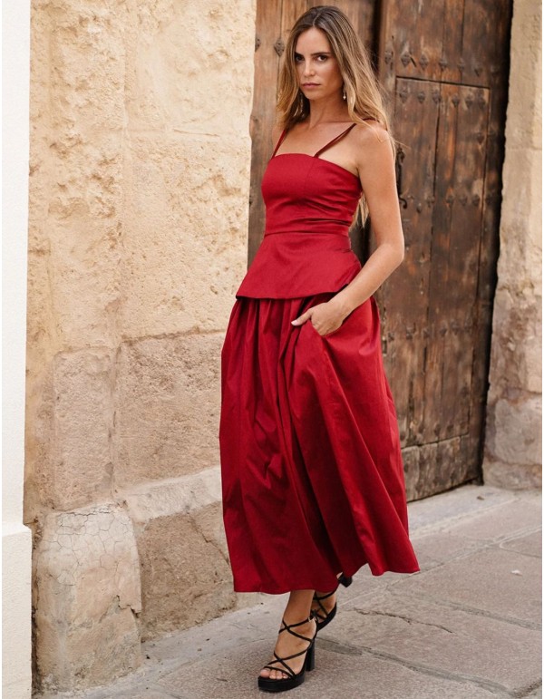 Jupe midi évasée en taffetas rouge foncé