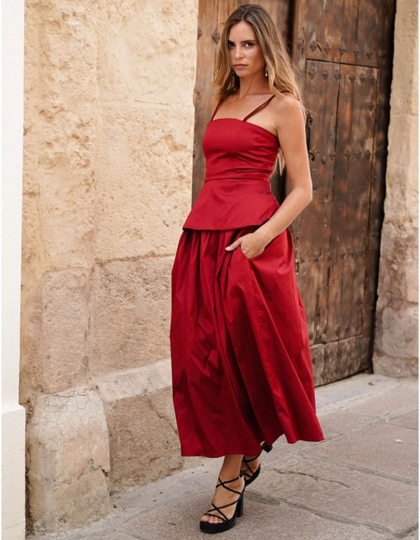 Jupe midi évasée en taffetas rouge foncé 2