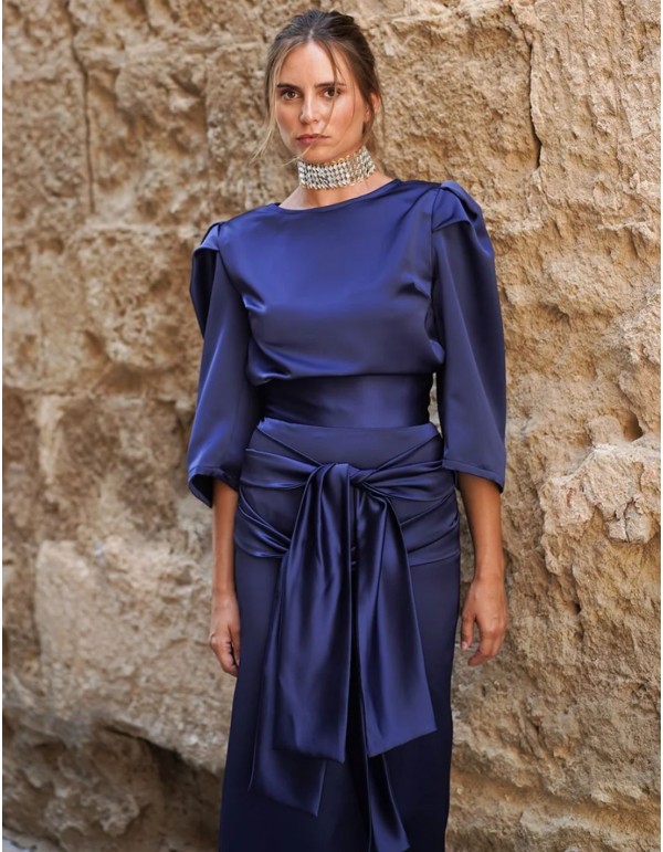 Short sleeve crepe satin top navy blue