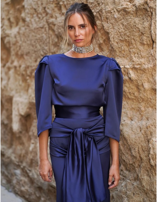 Short sleeve crepe satin top navy blue 2