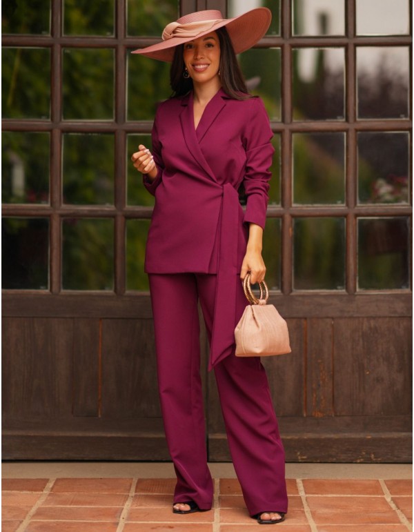 Conjunto de chaqueta cruzada con lazada y pantalón recto con fajín