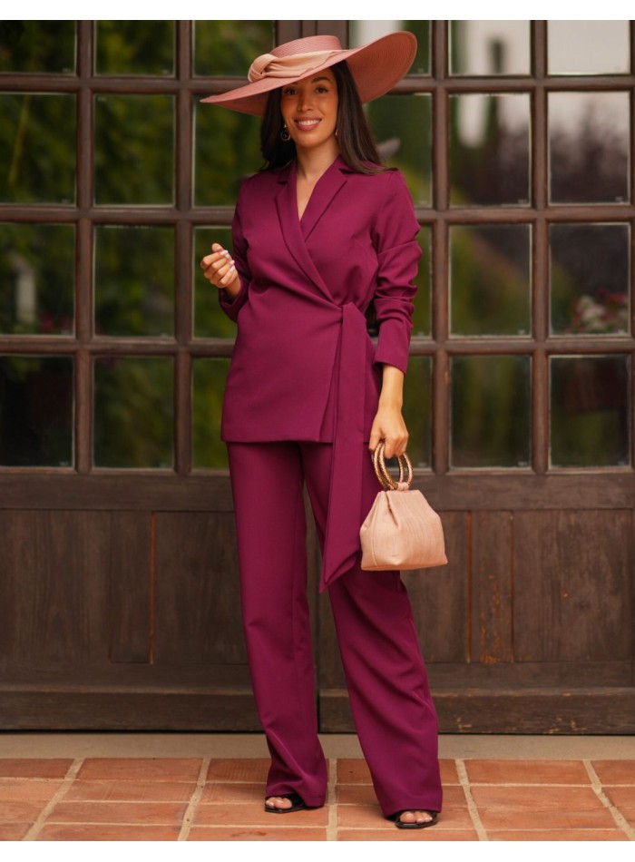 Conjunto de chaqueta cruzada con lazada y pantalón recto con fajín