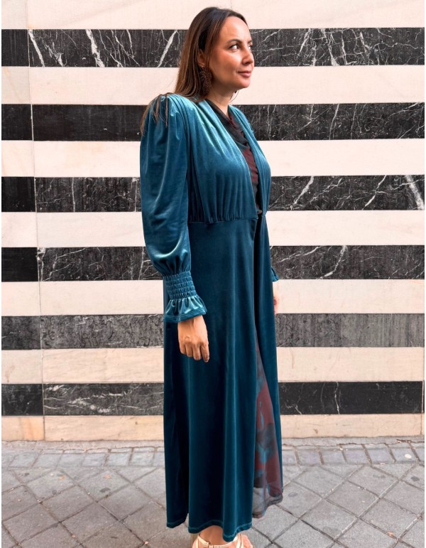 Kimono long en velours bleu pétrole 2