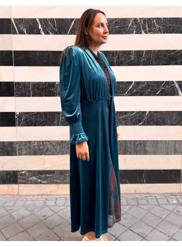Kimono long en velours bleu pétrole
