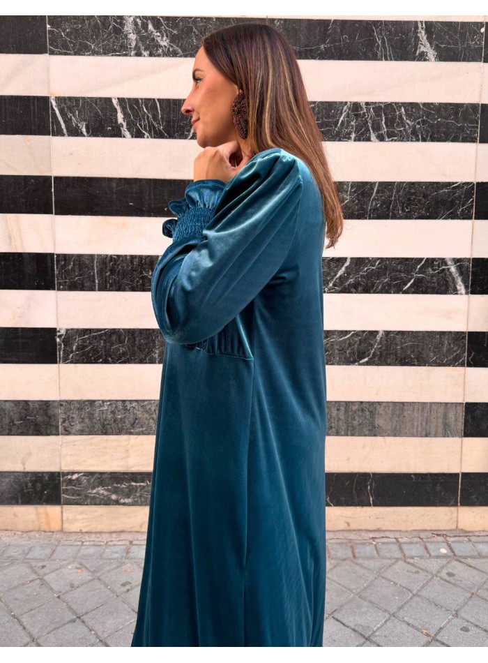 Kimono long en velours bleu pétrole