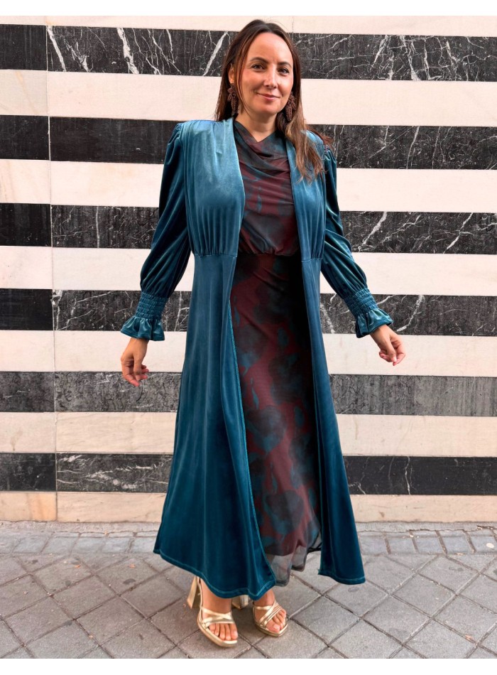 Kimono largo de terciopelo azul petróleo