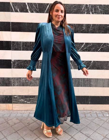 Kimono long en velours bleu pétrole